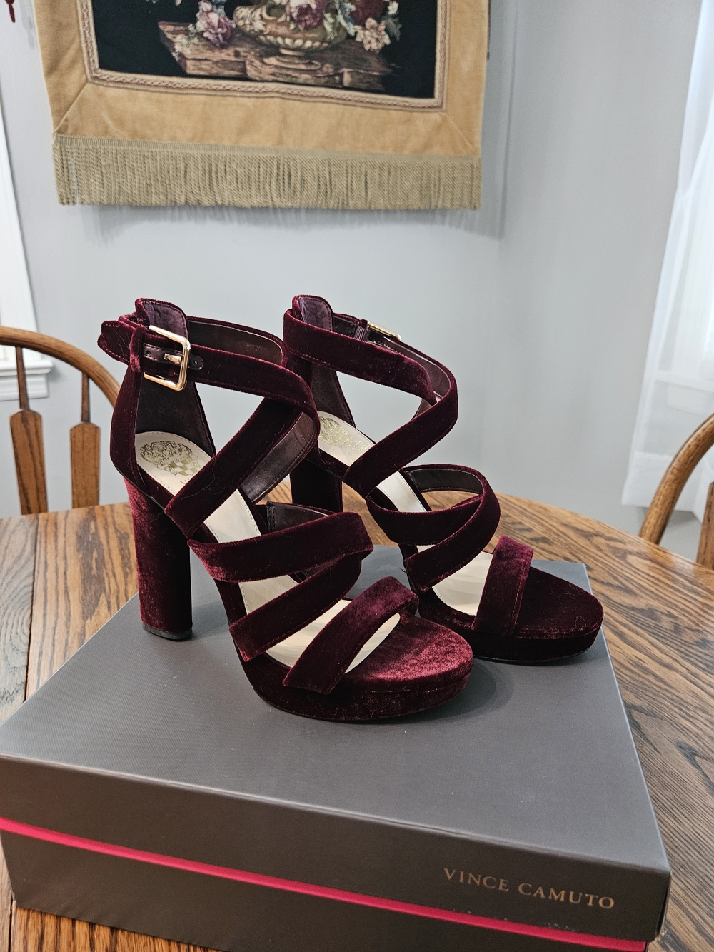 Vince Camuto Velvet Strappy Block Heel Sandals in Burgundy